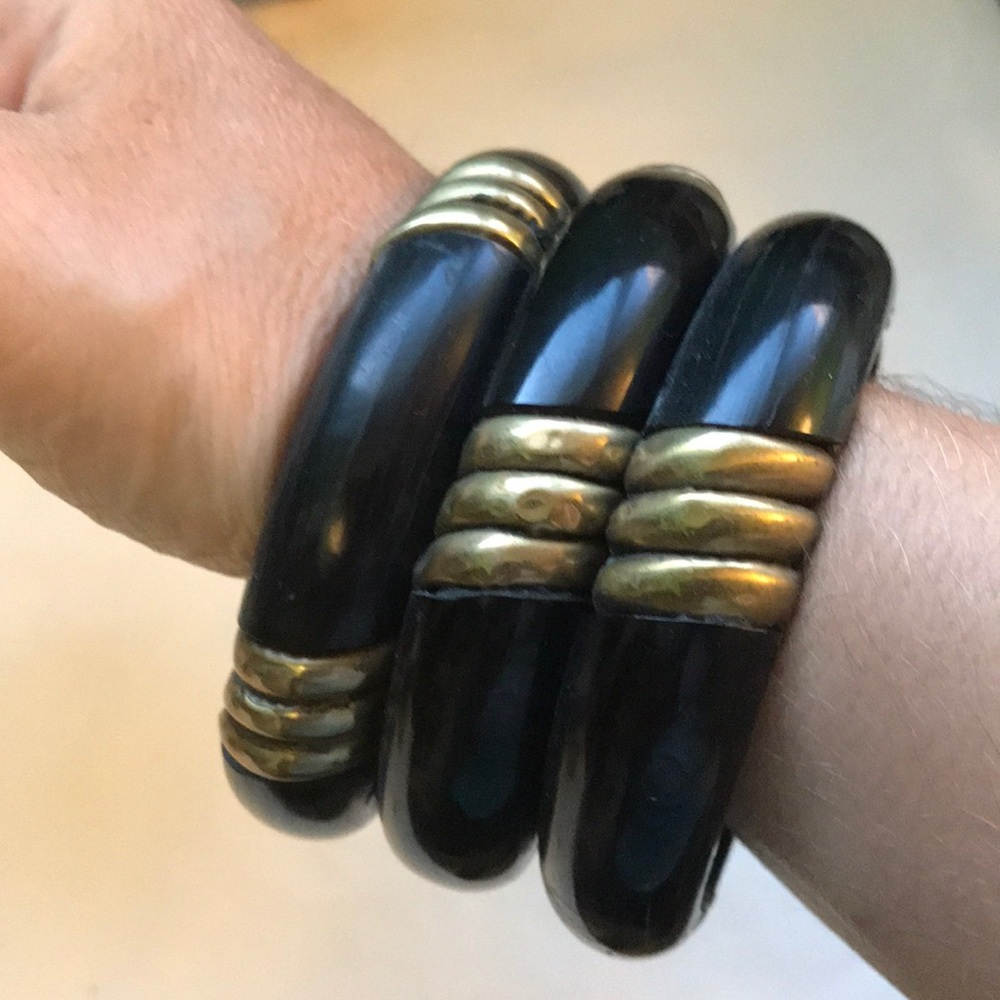 Artisan hammered brass & black bangle bracelets
